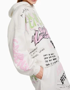 BERSHKA Sudadera capucha print Blanco roto Best Sale
