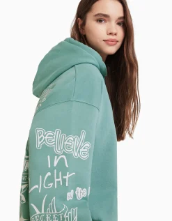 BERSHKA Sudadera capucha print Verde Fashion
