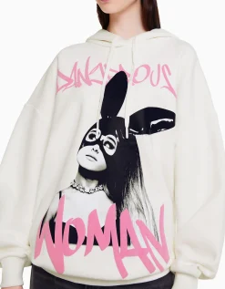 BERSHKA Sudadera capucha print Ariana Grande Blanco roto New