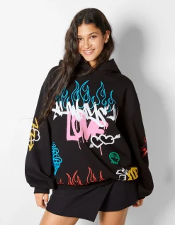BERSHKA Sudadera capucha print grafiti Negro Outlet