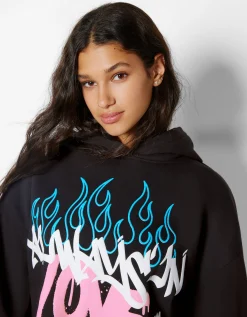 BERSHKA Sudadera capucha print grafiti Negro Outlet