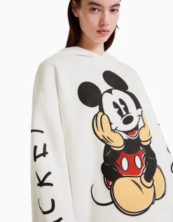 BERSHKA Sudadera capucha print Mickey Blanco roto Clearance