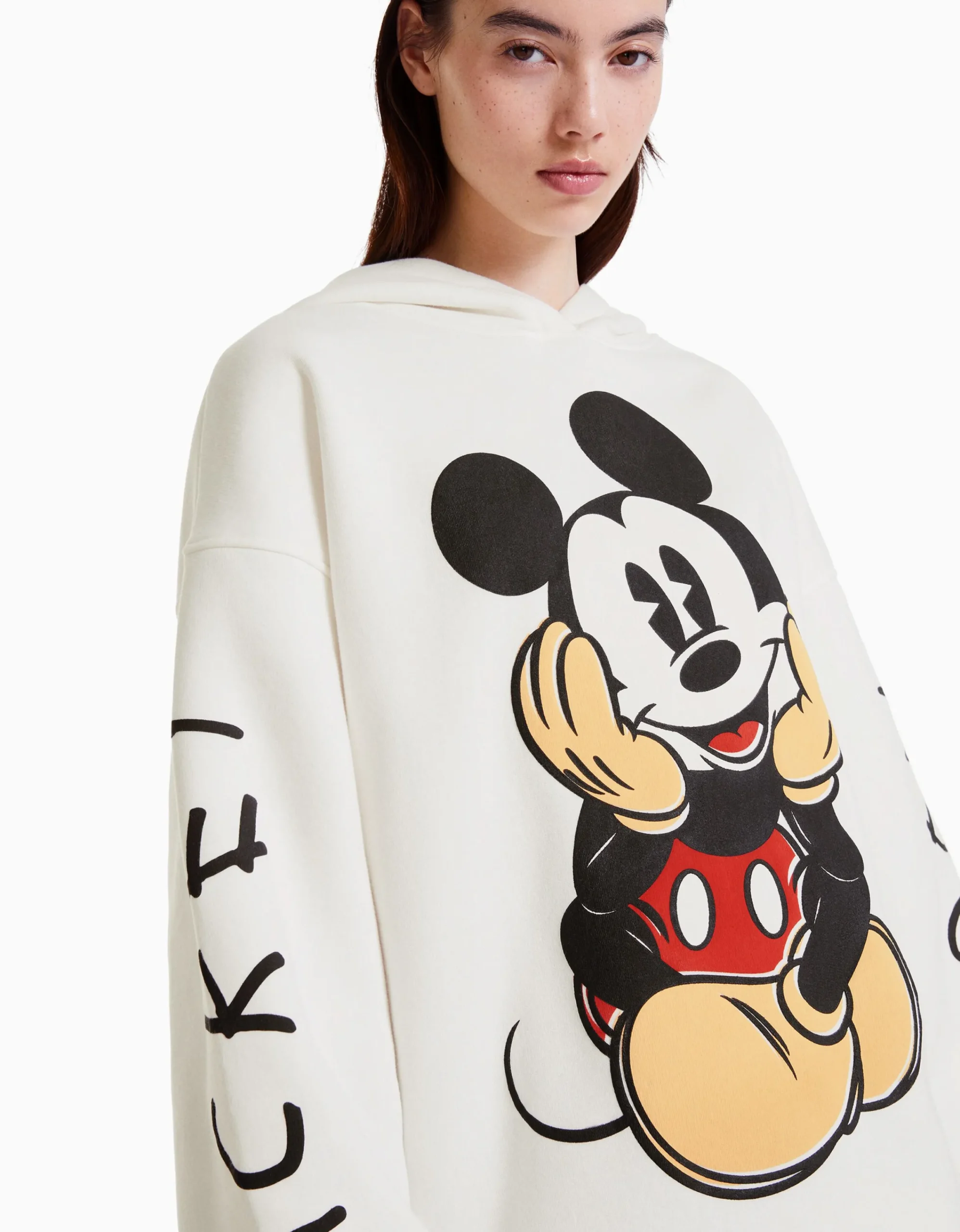 BERSHKA Sudadera capucha print Mickey Blanco roto Clearance