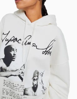 BERSHKA Sudadera capucha Tupac Blanco roto Best
