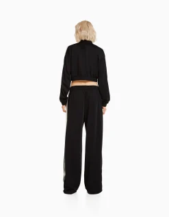 BERSHKA Sudadera cremallera banda lateral Negro Discount