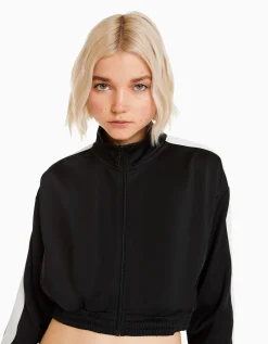 BERSHKA Sudadera cremallera banda lateral Negro Discount