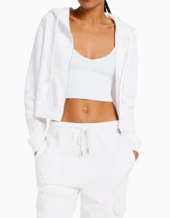BERSHKA Sudadera cremallera capucha cropped Blanco Online