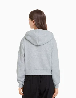 BERSHKA Sudadera cremallera capucha cropped Gris Fashion