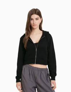 BERSHKA Sudadera cremallera capucha cropped Gris Store
