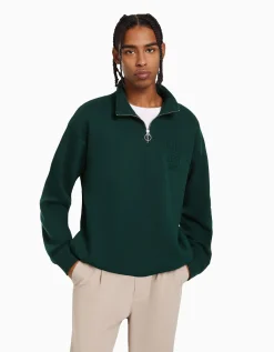 BERSHKA Sudadera cuello alto cremallera Verde Outlet