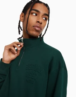 BERSHKA Sudadera cuello alto cremallera Verde Outlet
