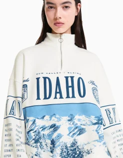 BERSHKA Sudadera cuello alto cremallera print Blanco roto Discount