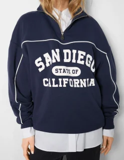 BERSHKA Sudadera cuello alto cremallera print San Diego Azul oscuro Cheap