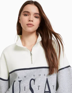 BERSHKA Sudadera cuello alto print Gris Best