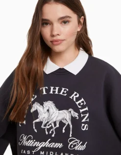 BERSHKA Sudadera cuello polo print Gris New