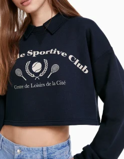 BERSHKA Sudadera cuello polo print Marino Discount