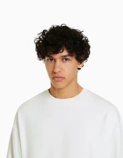 BERSHKA Sudadera cuello redondo Blanco Clearance
