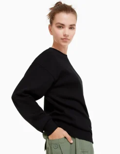 BERSHKA Sudadera cuello redondo Negro Discount