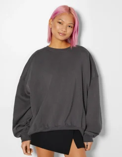 BERSHKA Sudadera cuello redondo oversize Negro New