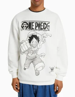 BERSHKA Sudadera cuello redondo print One Piece Blanco Online