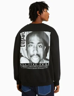 BERSHKA Sudadera cuello redondo Tupac Negro Clearance