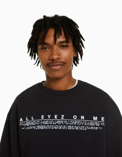 BERSHKA Sudadera cuello redondo Tupac Negro Clearance