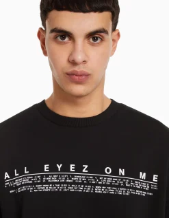 BERSHKA Sudadera cuello redondo Tupac Negro Outlet