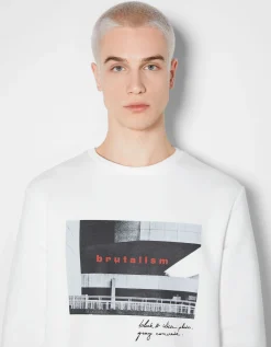 BERSHKA Sudadera easy fit print fotográfico Blanco Cheap