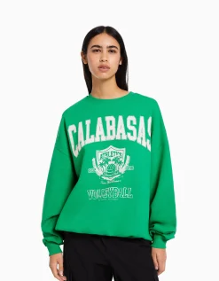 BERSHKA Sudadera manga larga print Verde Discount
