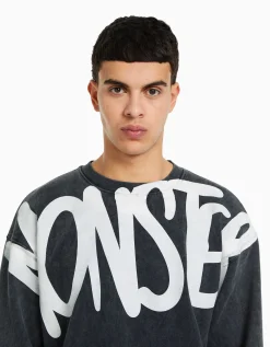 BERSHKA Sudadera oversize efecto lavado print Plata Discount
