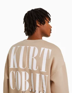 BERSHKA Sudadera print Kurt Cobain Camel Outlet