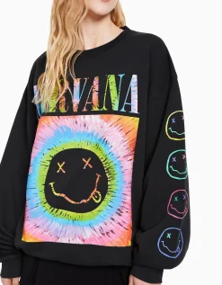 BERSHKA Sudadera print Nirvana Gris Outlet
