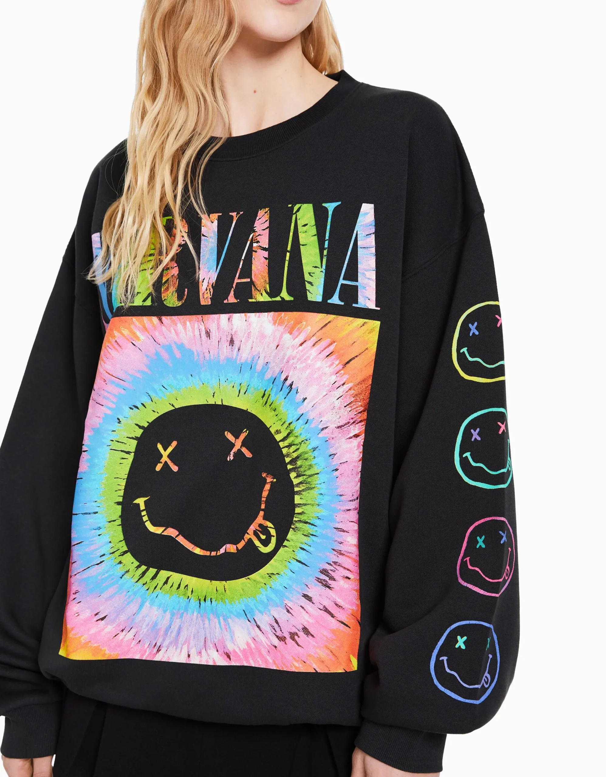 BERSHKA Sudadera print Nirvana Gris Outlet