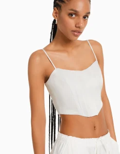 BERSHKA Top corsé tirantes satinado Azul claro Online