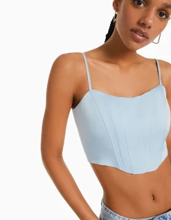BERSHKA Top corsé tirantes satinado Azul claro Discount