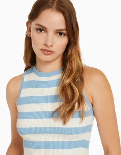 BERSHKA Top sin mangas punto rayas Azul claro Sale