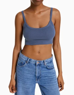 BERSHKA Top tirante ancho cropped Azul lavado Cheap