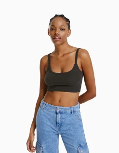 BERSHKA Top tirante ancho cropped Gris Sale