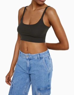 BERSHKA Top tirante ancho cropped Gris Sale