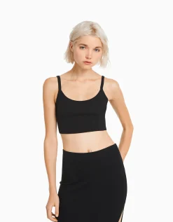 BERSHKA Top tirante ancho cropped Negro Cheap