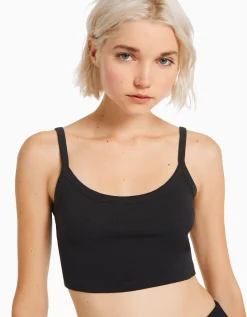 BERSHKA Top tirante ancho cropped Negro Cheap