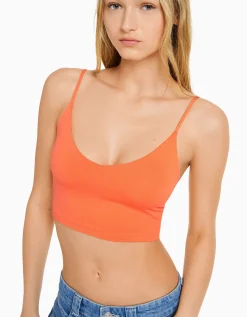 BERSHKA Top tirantes cropped Blanco Discount