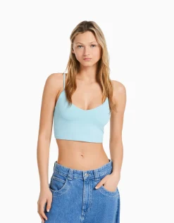 BERSHKA Top tirantes cropped Blanco Online
