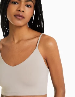 BERSHKA Top tirantes cropped Blanco Hot