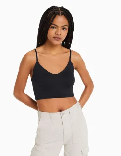 BERSHKA Top tirantes cropped Blanco Clearance