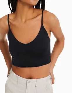 BERSHKA Top tirantes cropped Blanco Clearance