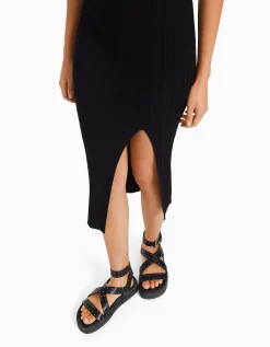 BERSHKA Vestido midi sin mangas punto Negro Best Sale