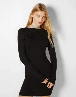 BERSHKA Vestido mini manga larga rib Negro Outlet