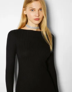 BERSHKA Vestido mini manga larga rib Negro Outlet