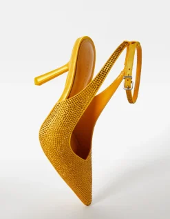 BERSHKA Zapato tacón destalonado brillos Mostaza Cheap